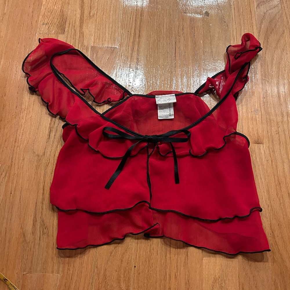 Secret Treasures Red Ruffled Blouse with Black Trim